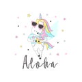 ÃÂ¡ute unicorn with inscription - Aloha. For print design. Can be used for poster, greeting card, bags, t-shirt.